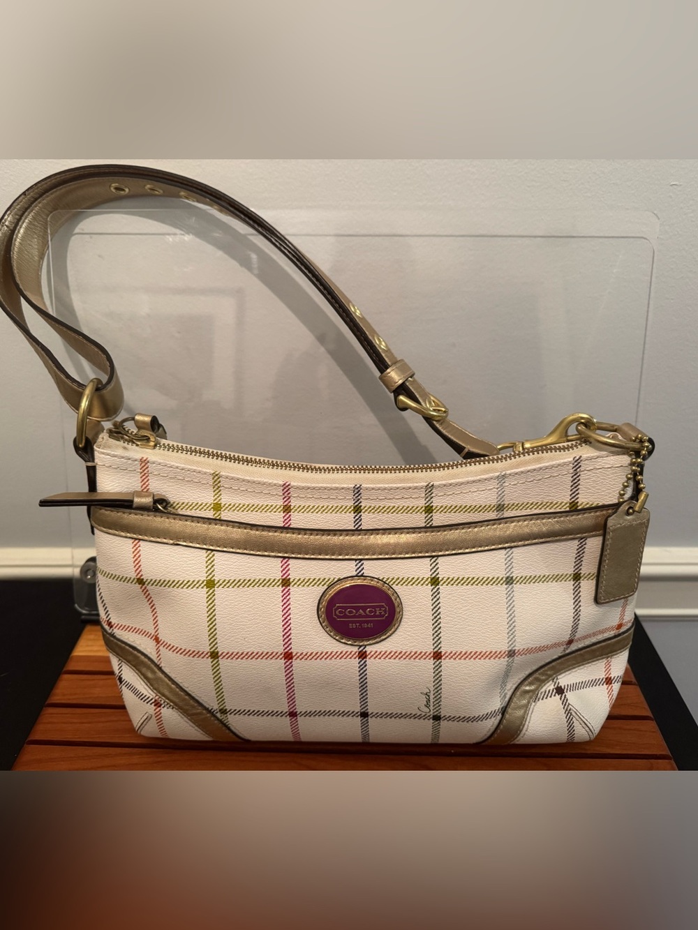 Coach Peyton Tattersall Plaid Coated Canvas Bag with Gold Trim